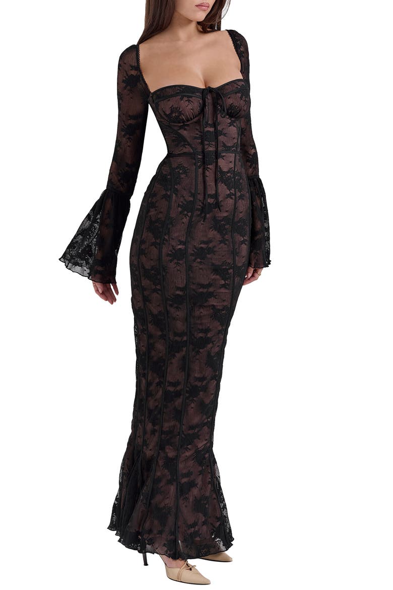 Delilah Long Sleeve Lace Overlay Mermaid Dress, Alternate, color, BLACK