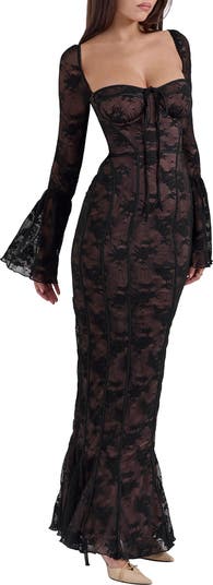 Delilah Long Sleeve Lace Overlay Mermaid Dress