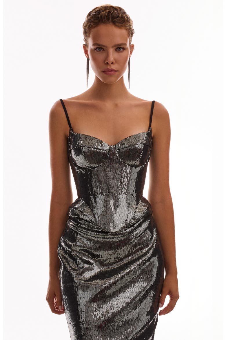 Fitted Hourglass Spaghetti Strap Sequined Corset for Cocktail Events, Main, color, Gray