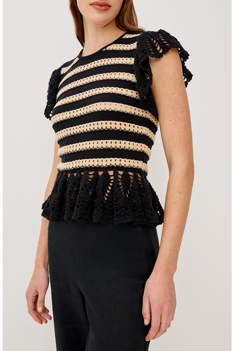 Coen Ruffle Sleeve Peplum Sweater, Alternate, color, BLACK OAT STRIPE