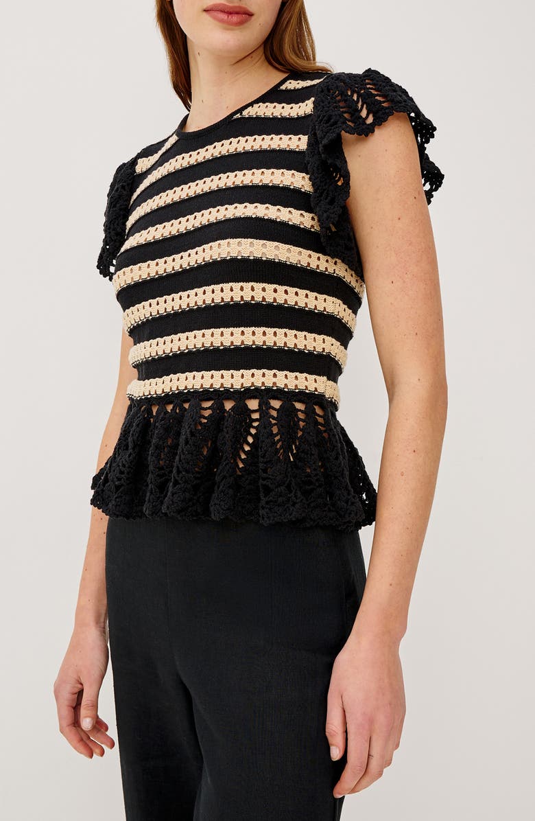 Rails Coen Ruffle Sleeve Peplum Sweater, Alternate, color, Black Oat Stripe