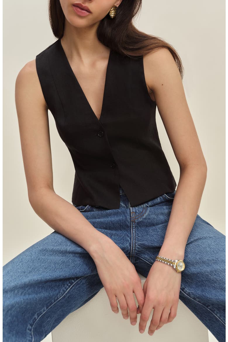 Anita Linen Button-Up Vest, Main, color, BLACK