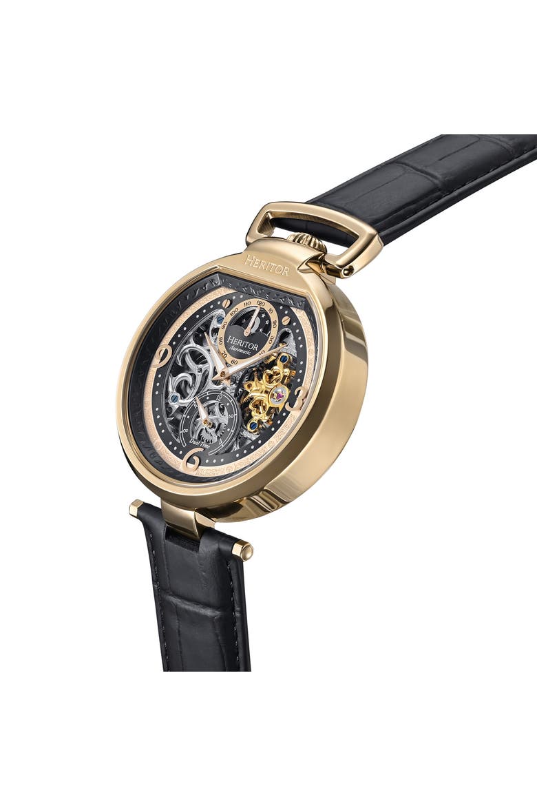 Lincoln Leather-Band Skeleton Watch with Moon Phase, Alternate, color, Gold