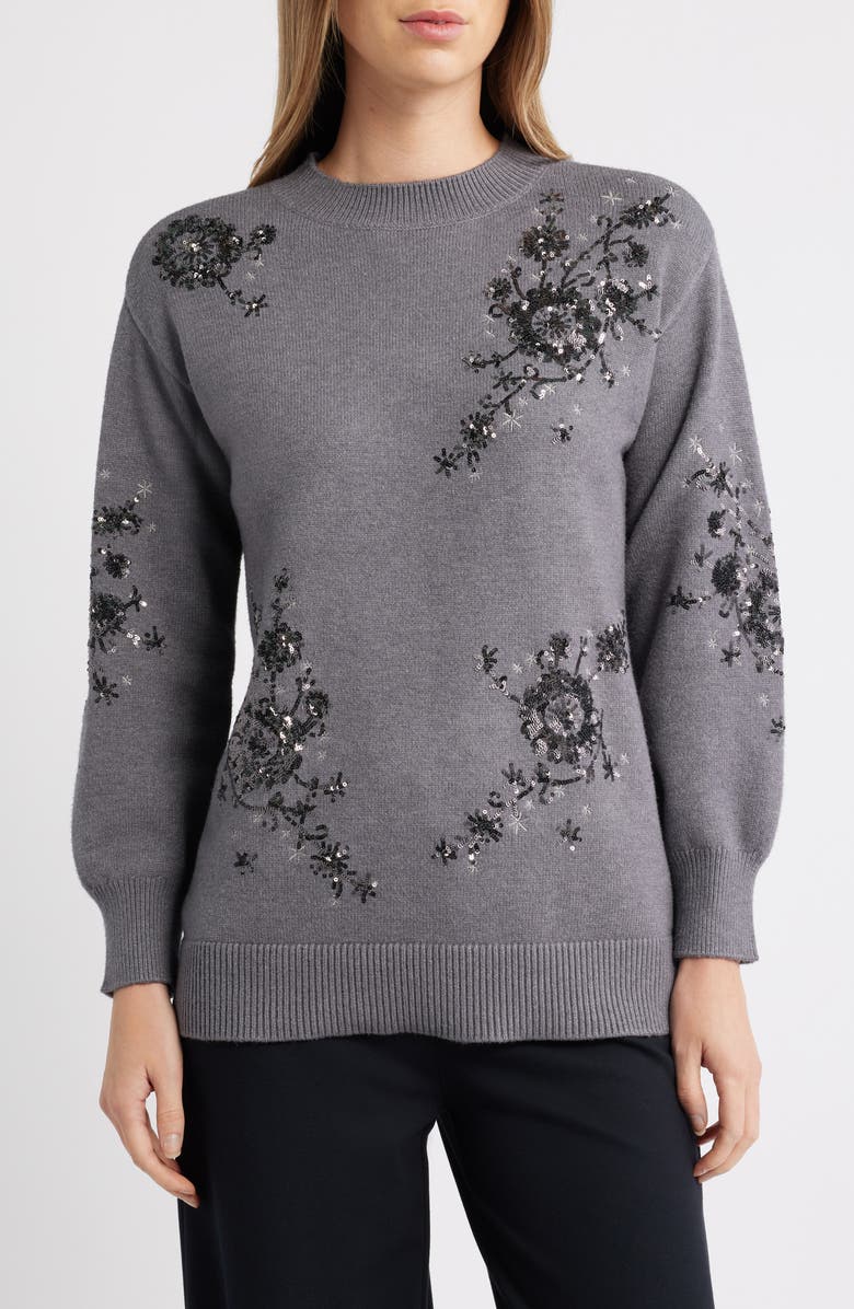 Anne Klein Sequin Floral Crewneck Sweater, Main, color, 