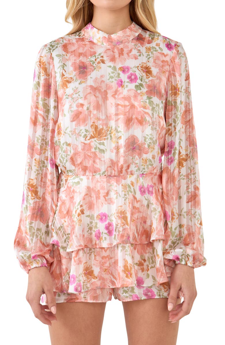 Endless Rose Water Color Floral Open Back Long Sleeve Romper, Alternate, color, Blush