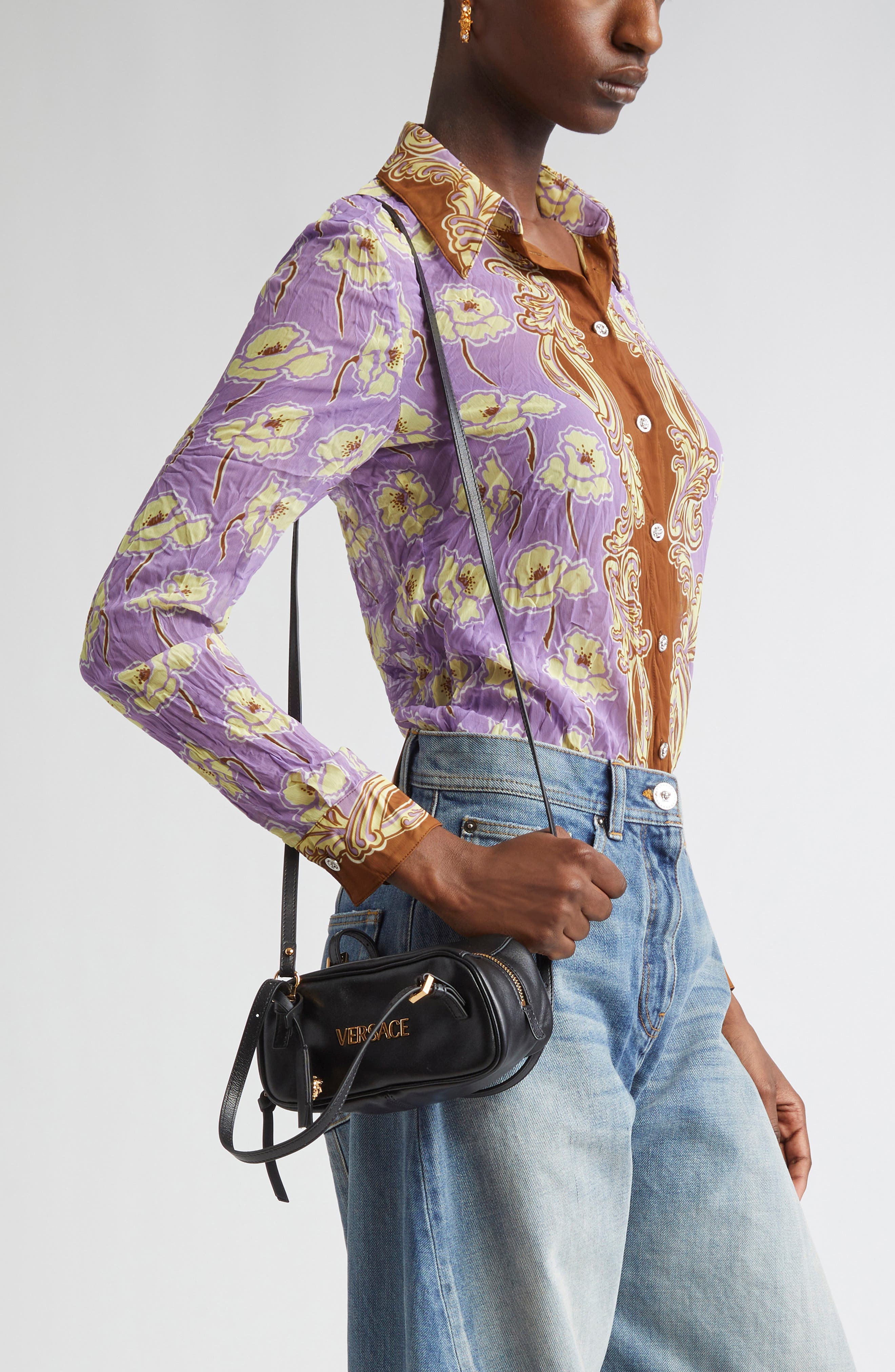 Versace Mini Logo East/West Leather Shoulder Bag, Alternate, color, Black Versace Gold