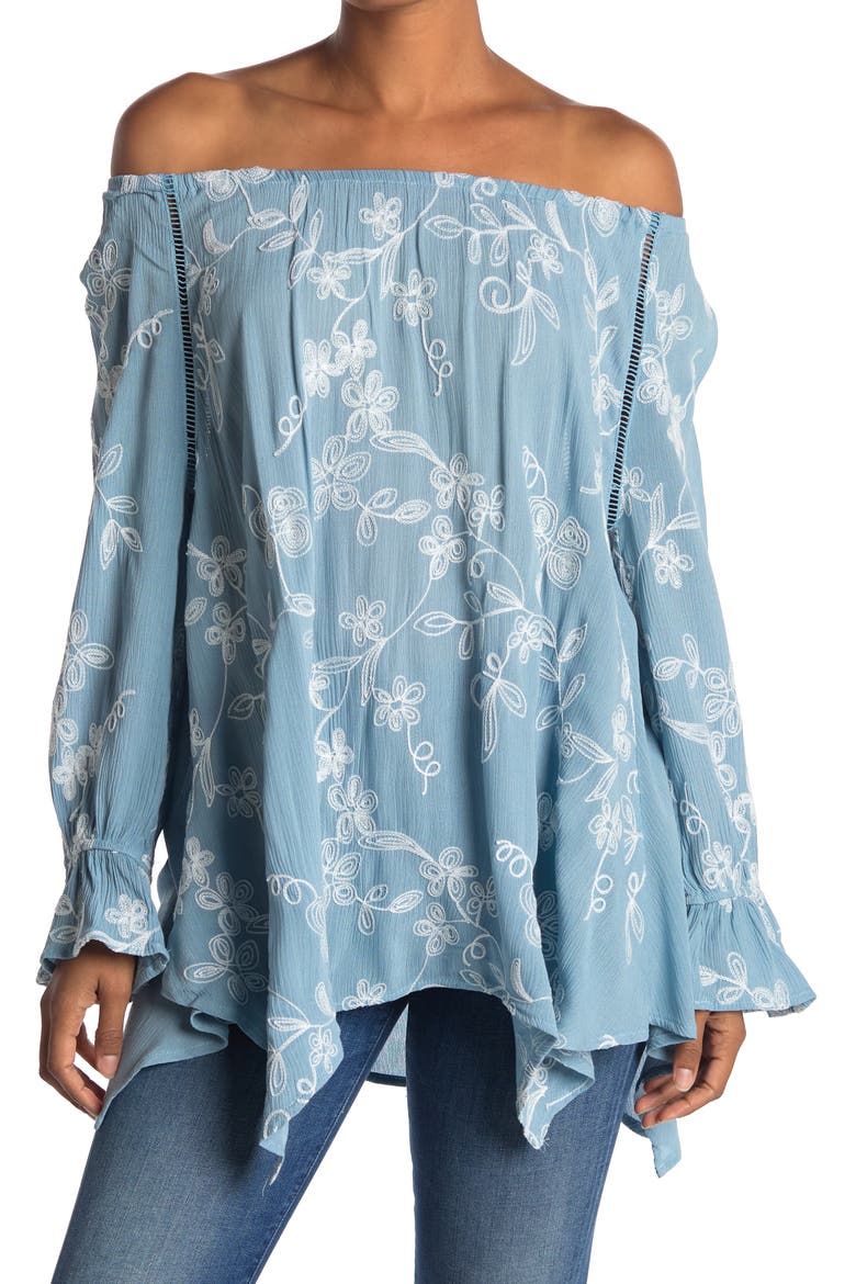 Off-the-Shoulder Embroidered Shark Bite Tunic, Main, color, DENIM