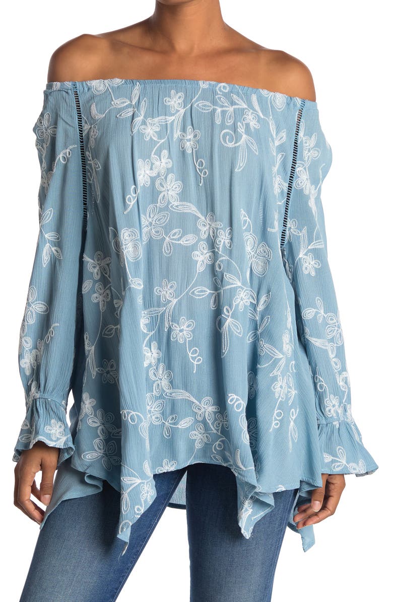 Forgotten Grace Off-the-Shoulder Embroidered Shark Bite Tunic, Main, color, 