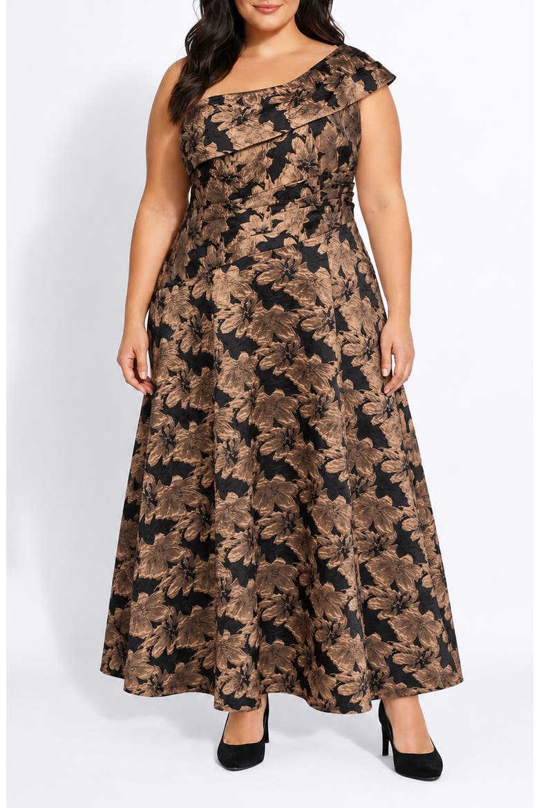 One-Shoulder Brocade Ballgown, Main, color, BLACK GOLD