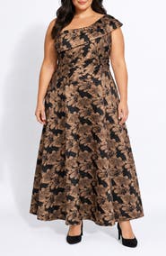 Oleg Cassini One-Shoulder Brocade Ballgown