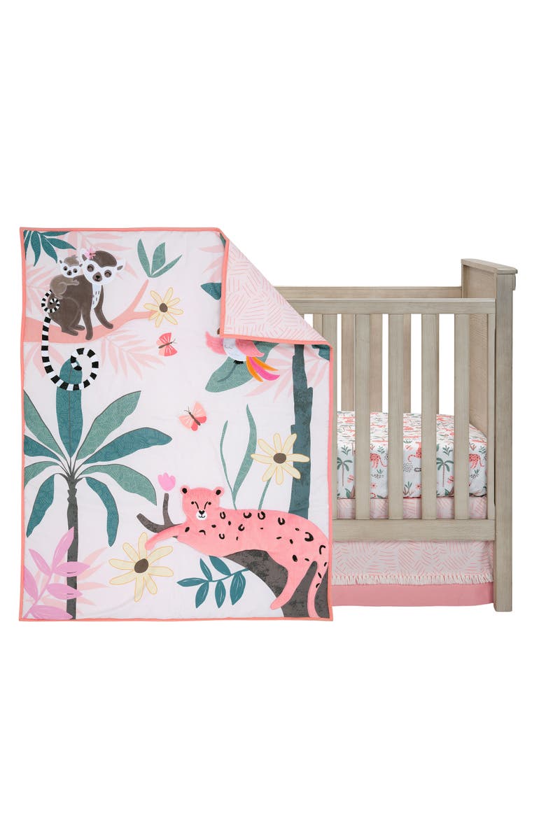Lambs & Ivy Enchanted Safari Leopard/Lemur Jungle 3-Piece Baby Crib Bedding Set, Main, color, Coral