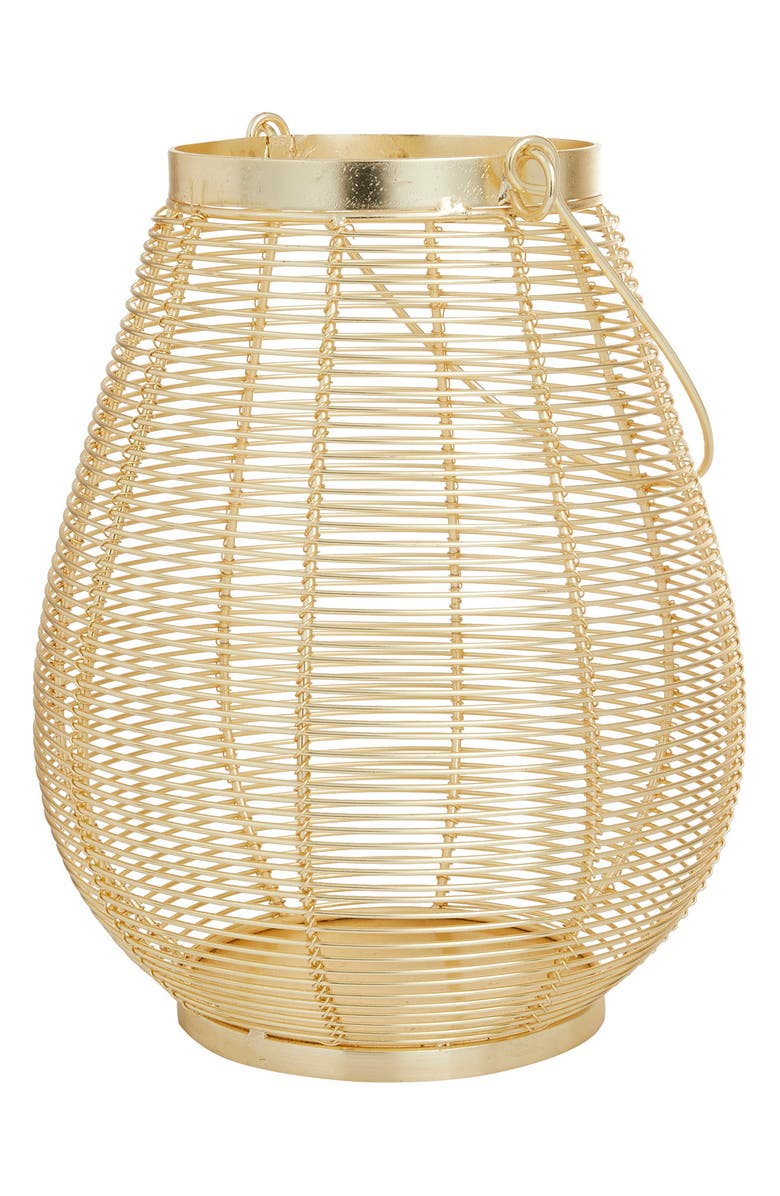 VIVIAN LUNE HOME Goldtone Metal Pillar Candle Lantern with Thin Handle, Alternate, color, Gold