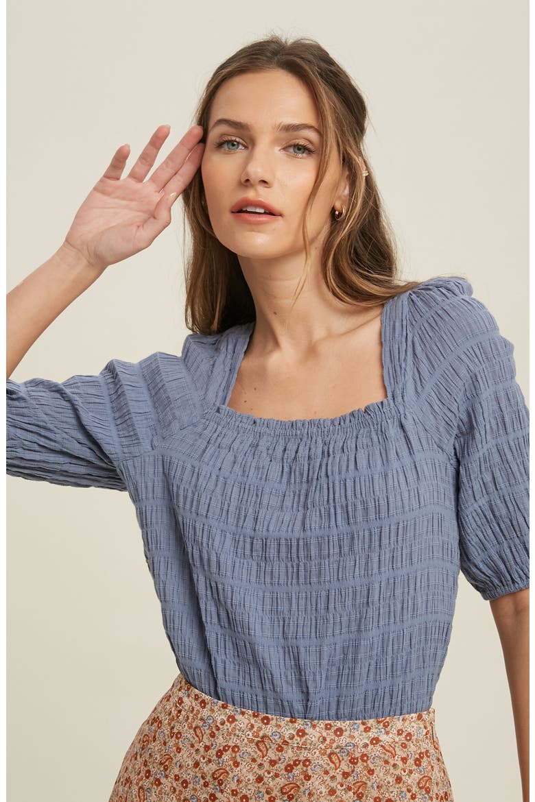 Textured Balloon Sleeve Top, Alternate, color, SEA BLUE