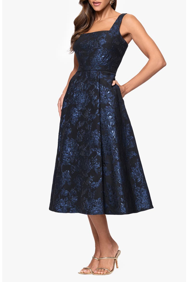 Brocade Cocktail Midi Dress, Alternate, color, BLACK/ ROYAL