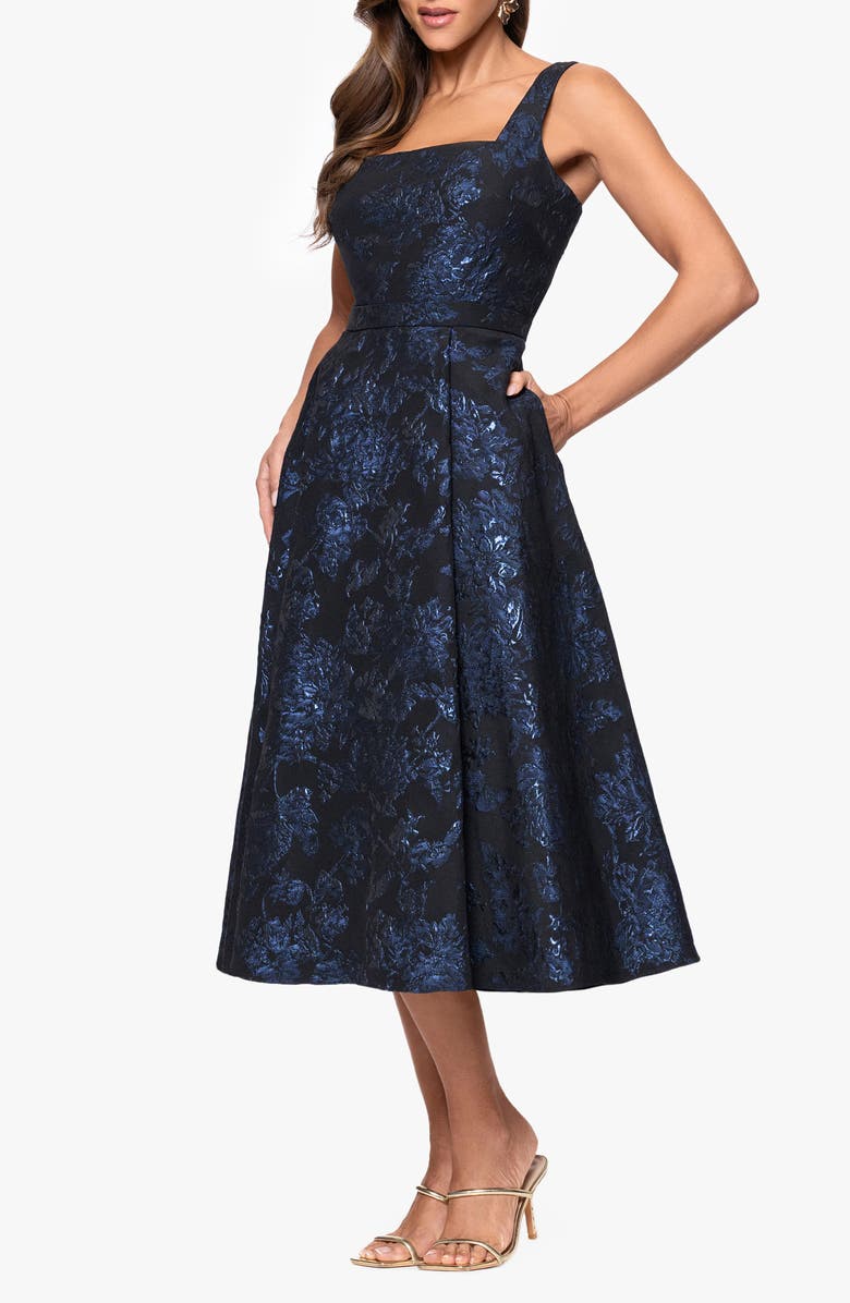 Xscape Evenings Brocade Cocktail Midi Dress, Alternate, color, Black/ Royal