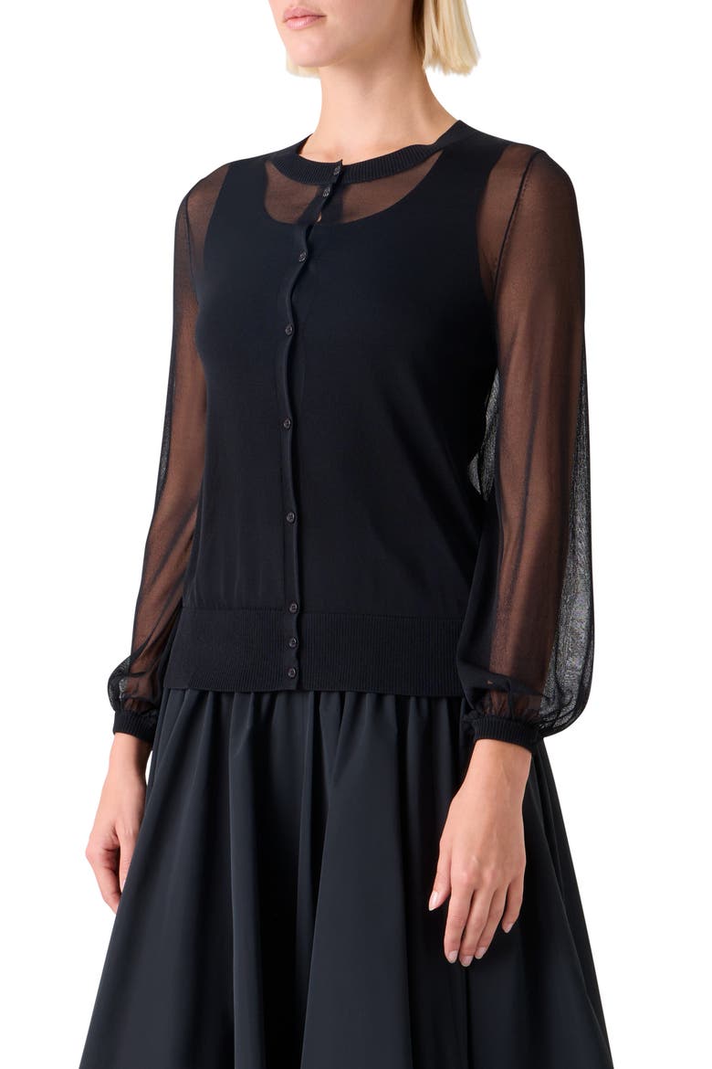Sheer Bishop Sleeve Cardigan, Alternate, color, BLACK