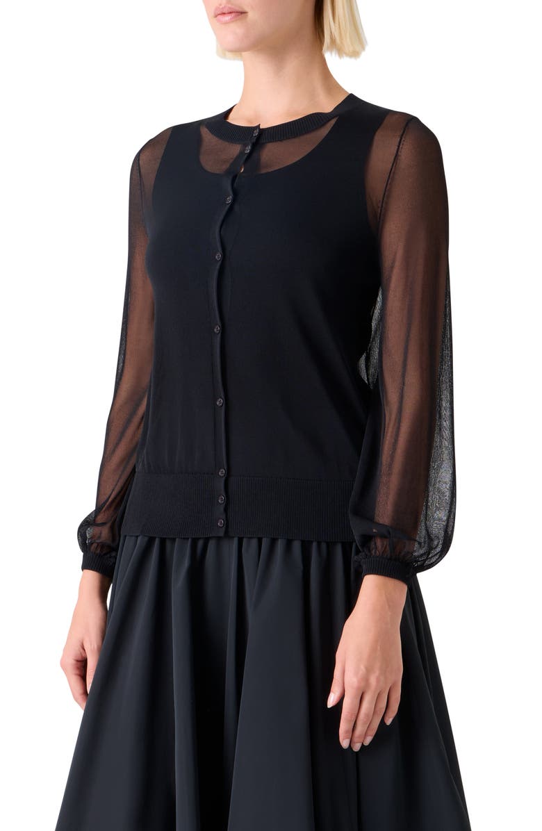 Akris punto Sheer Bishop Sleeve Cardigan, Alternate, color, Black