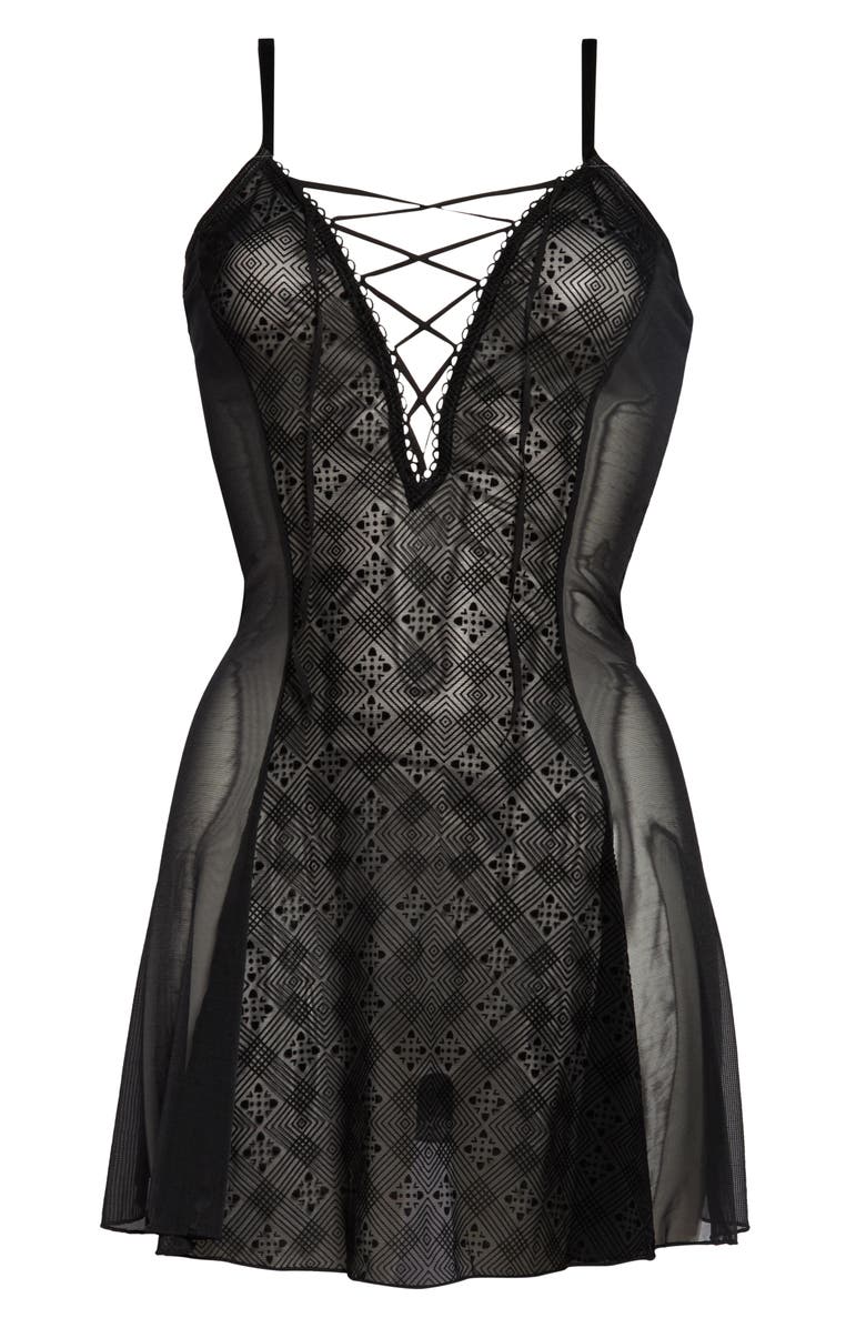 Coquette Lace & Mesh Babydoll Chemise, Alternate, color, Black