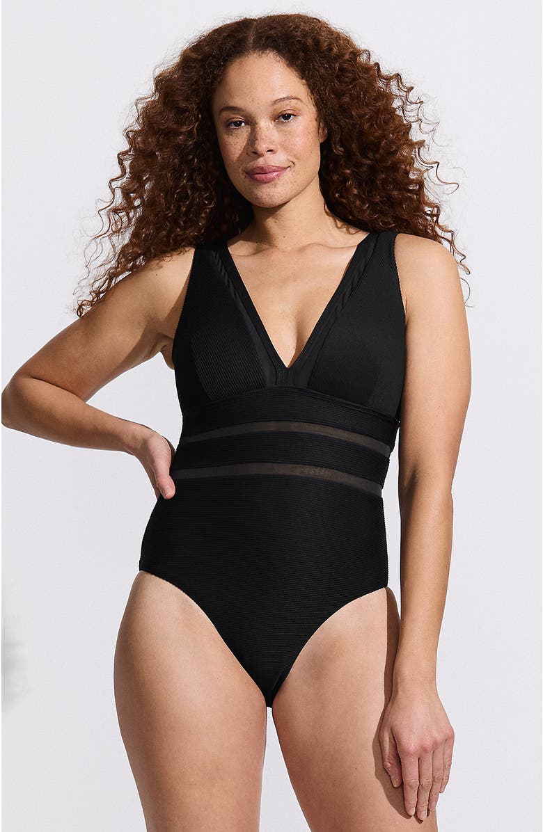 Lands' End Mesh Plunge High Leg One Piece Swimsuit, Main, color, Black Ottoman