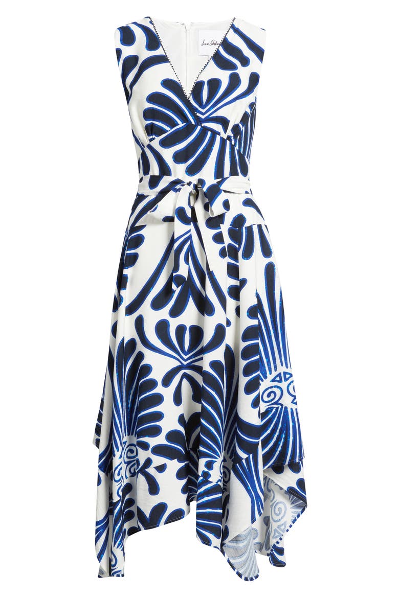 Abstract Floral Handkerchief Hem Midi Dress, Alternate, color, NAVY/ WHITE