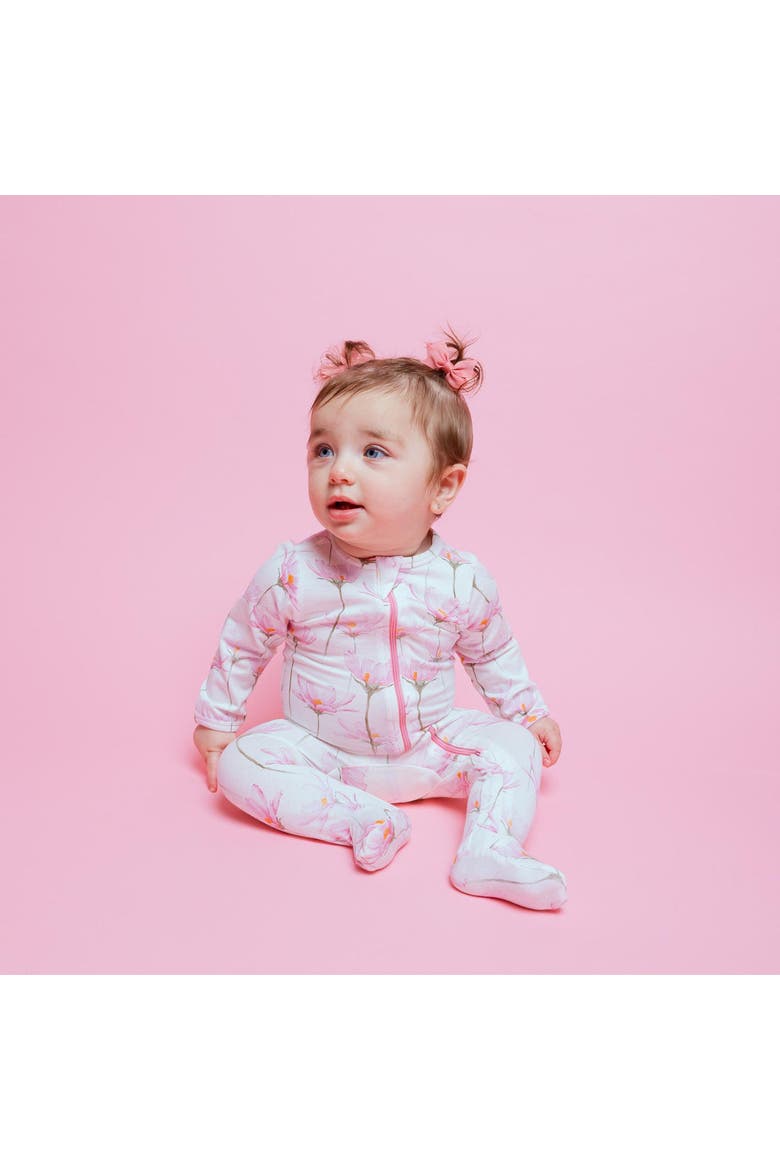 Organic Cotton Zip Footie in Space Bears, Alternate, color, Pink Petals