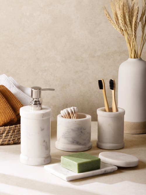 Gauri Kohli Duval Marble Bath Accessories, Set Of 4 In White