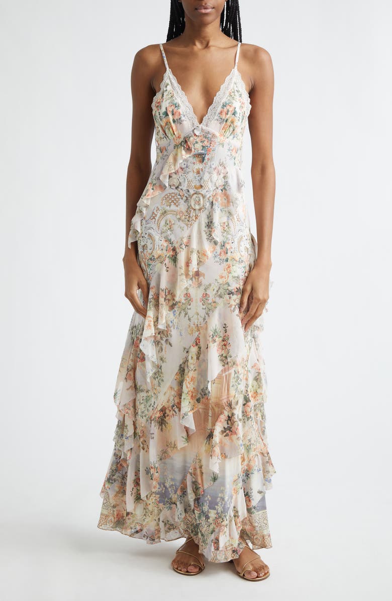 Camilla Floral Ruffle Silk Slipdress, Main, color, Twilight In Istanbul