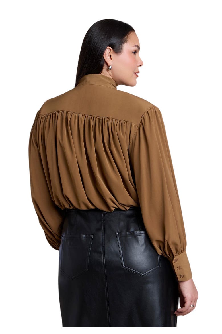 Power Shoulder Cropped Blouse With Neck Tie, Alternate, color, COCO MOCHA