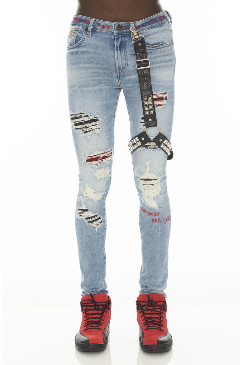 Punk Super Skinny Jeans with Studded Leg Harness, Main, color, CRUE