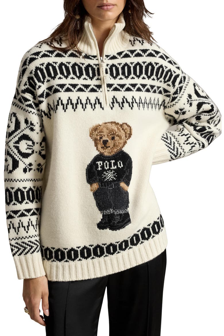 Intarsia Bear Half Zip Sweater, Main, color, WHITE