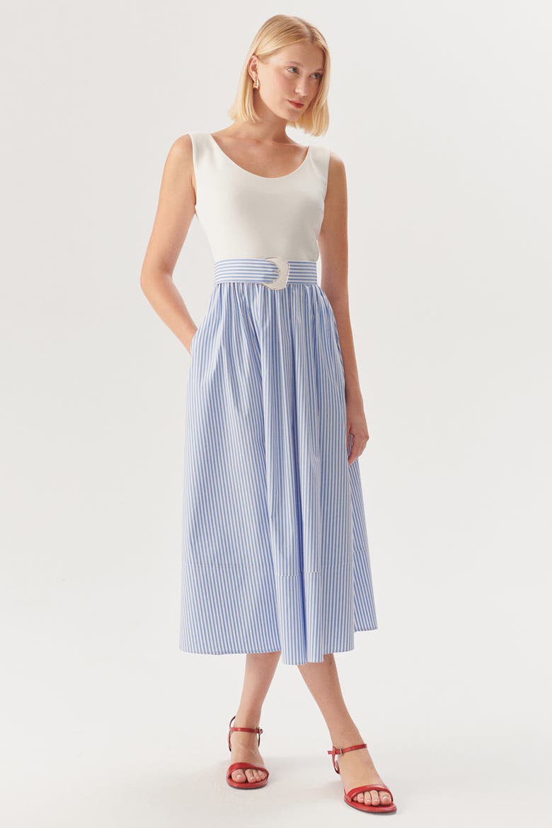 Harper Striped Midi K.Dress With Waist Buckle Detail, Main, color, BLUE-WHITE