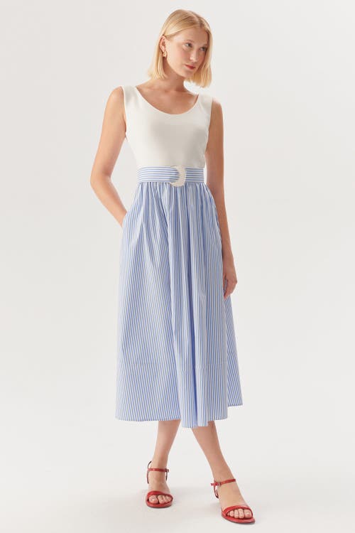 Exquise Harper Striped Midi K.Dress With Waist Buckle Detail in Blue-White at Nordstrom, Size Small