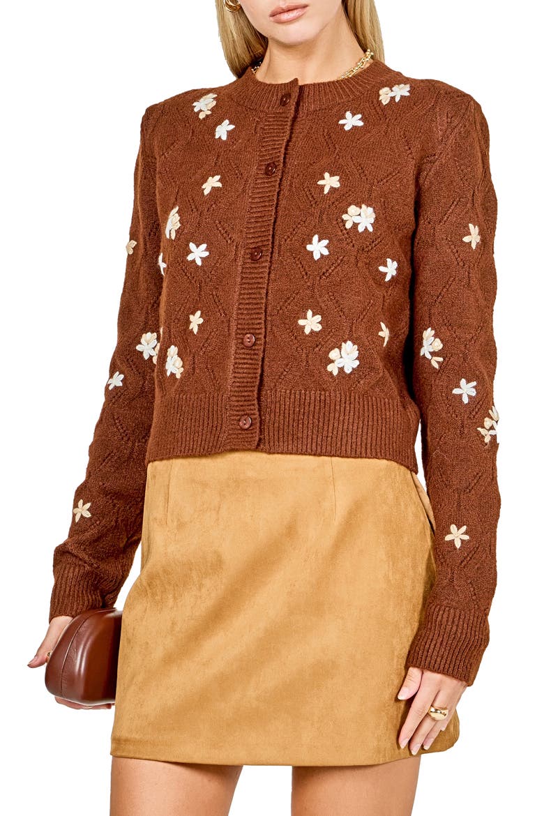 Floral Embroidered Pointelle Cardigan, Alternate, color, BROWN