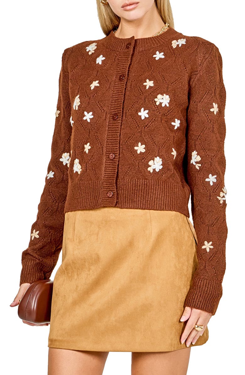 Endless Rose Floral Embroidered Pointelle Cardigan, Alternate, color, Brown