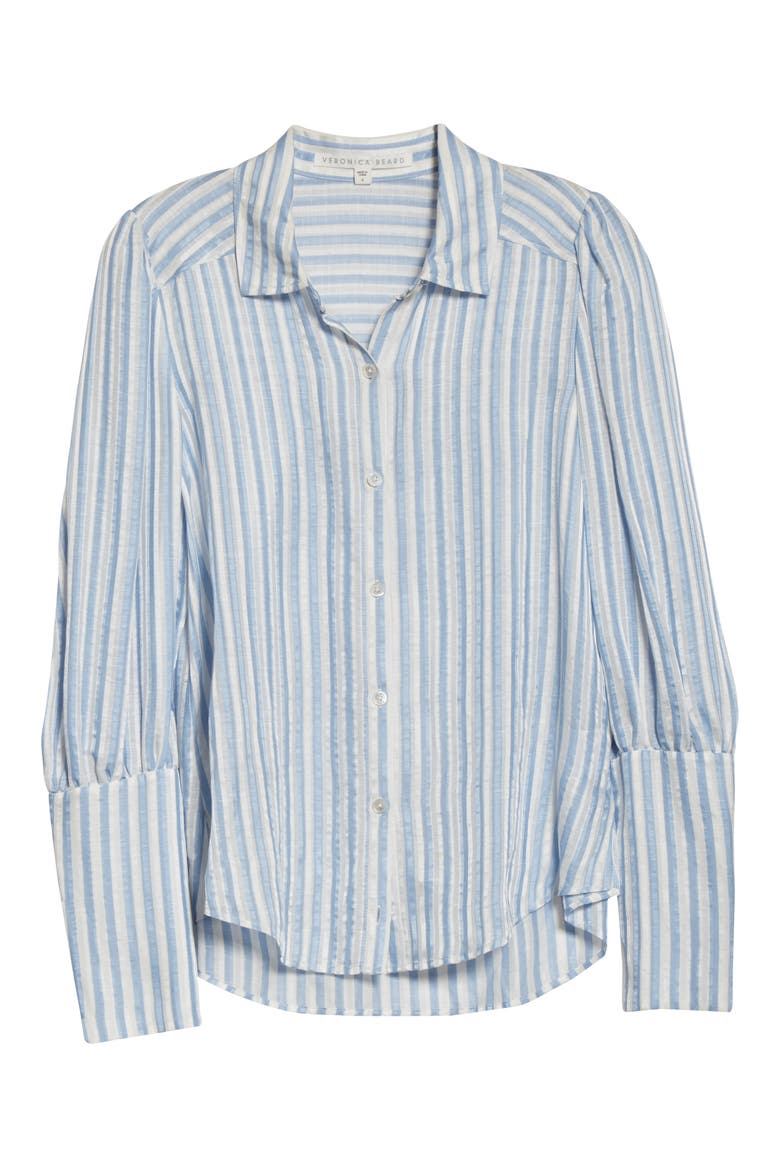 Ally Stripe Linen & Silk Blend High/Low Shirt, Alternate, color, BLUE WHITE