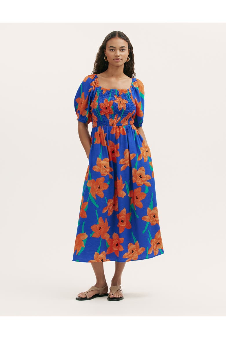 Enzo Short Sleeve Floral Midi Dress, Main, color, Blue Floral