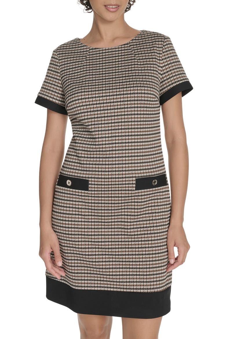 Houndstooth Short Sleeve Shift Dress, Alternate, color, BROWN MULTI