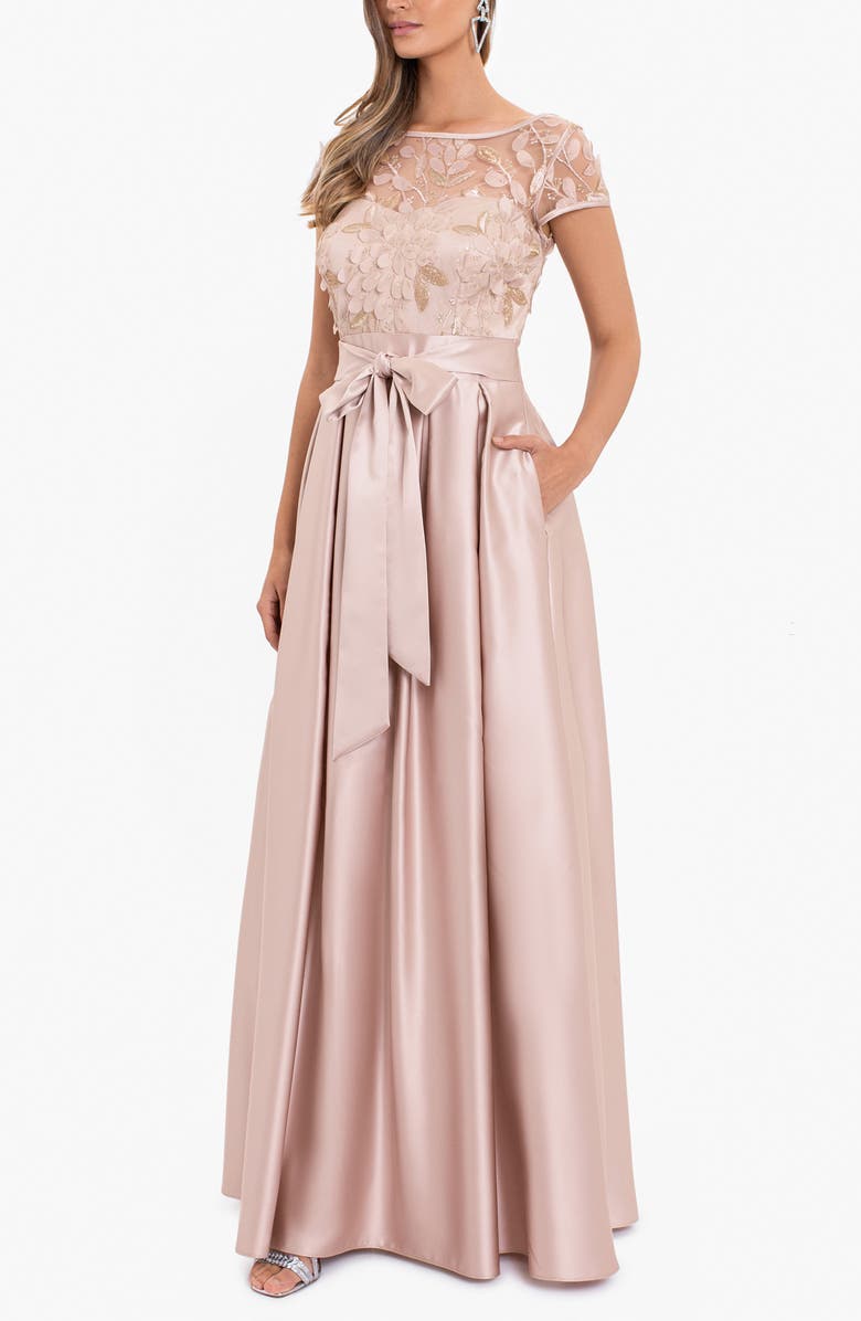 Xscape Evenings Xscape 3D Flower Bodice Satin Ballgown, Alternate, color,