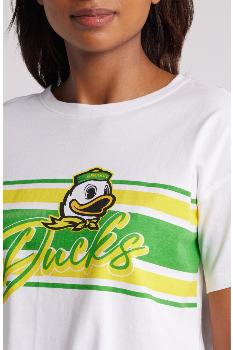 Women's WEAR by Erin Andrews White Oregon Ducks Striped Front Knot Cropped T-Shirt, Alternate, color, White