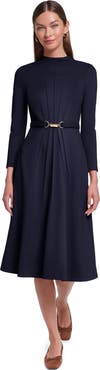 HALSTON Long Sleeve Knit Midi Dress with Hardware