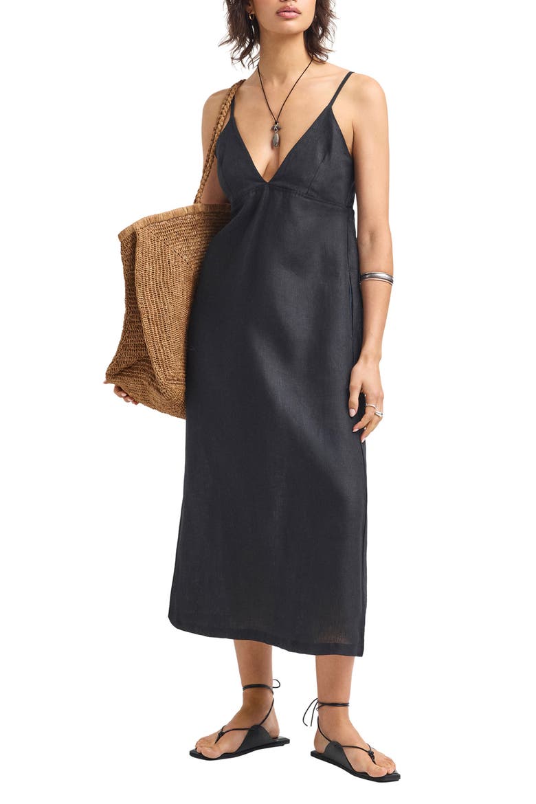 Zella Linen Cover-Up Maxi Dress, Main, color, BLACK