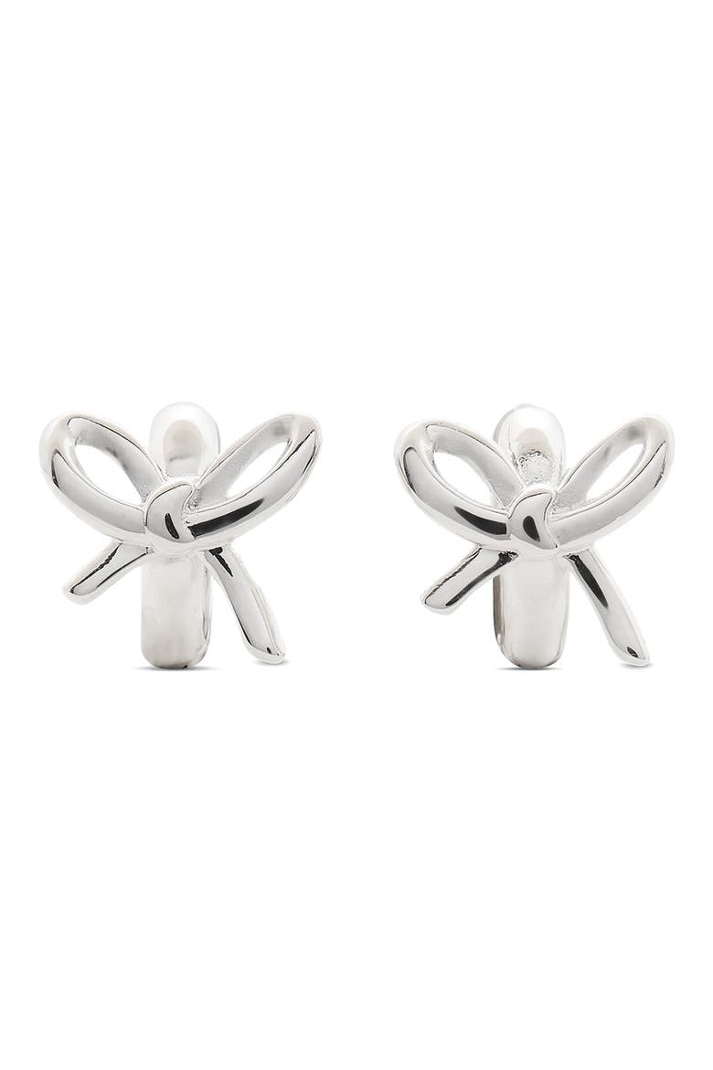 bow huggie hoop earrings, Main, color, SILVER