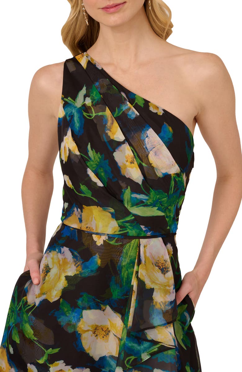 Adrianna Papell Floral One Shoulder Fit & Flare Dress, Alternate, color, Black Yellow Multi