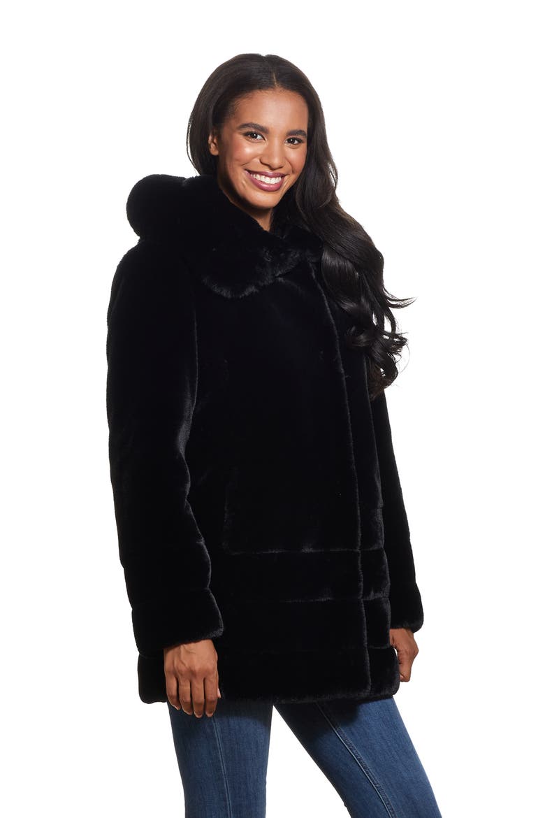 Hooded Faux Fur Coat, Alternate, color, BLACK