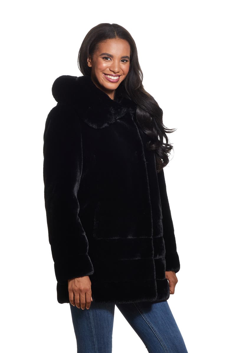 Gallery Hooded Faux Fur Coat, Alternate, color, Black