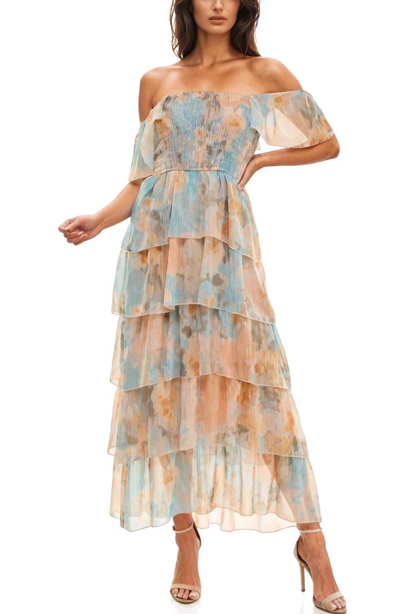 Socialite Smocked Bodice Ruffle Maxi Dress, Alternate, color, Peach/ Aqua