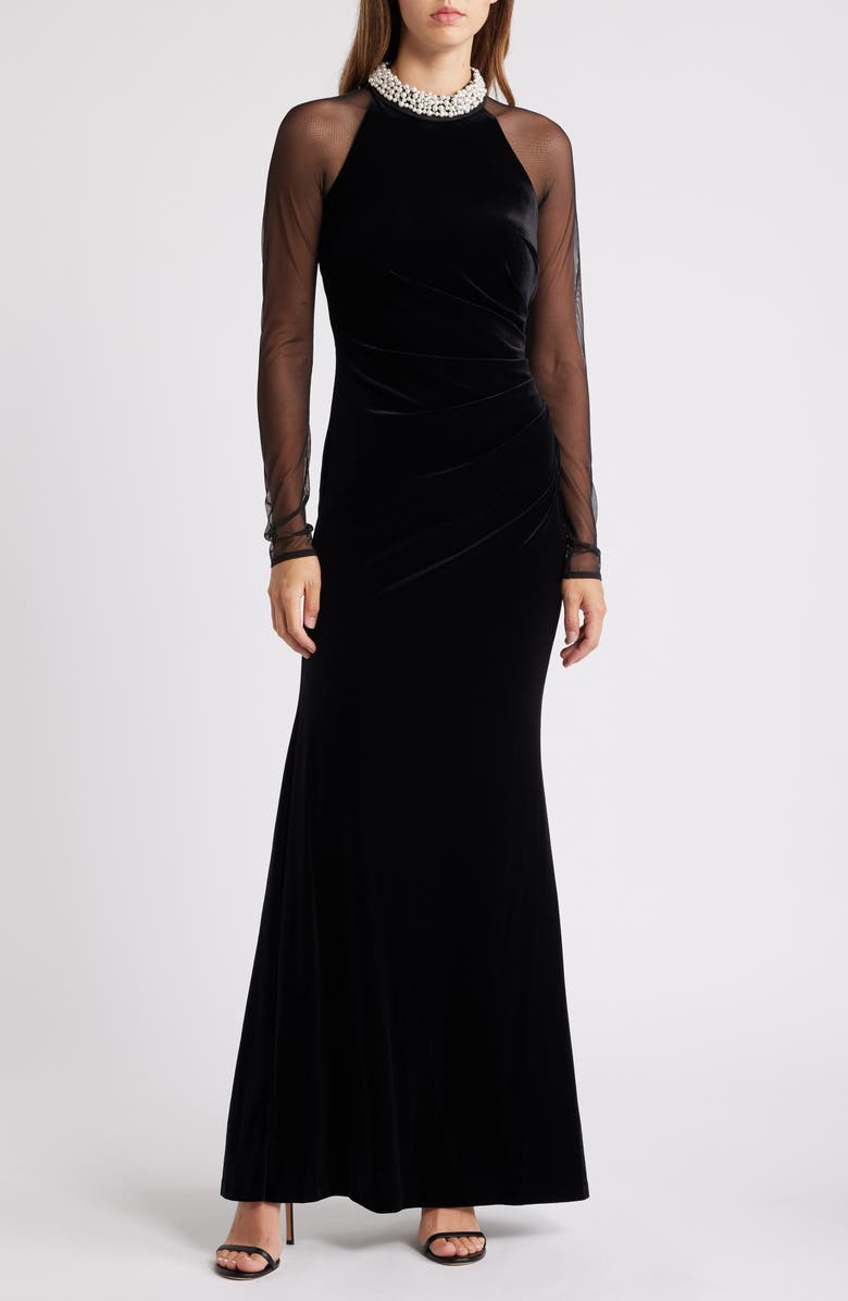 Eliza J Embellished Ruched Long Sleeve Velvet Gown, Main, color, Black