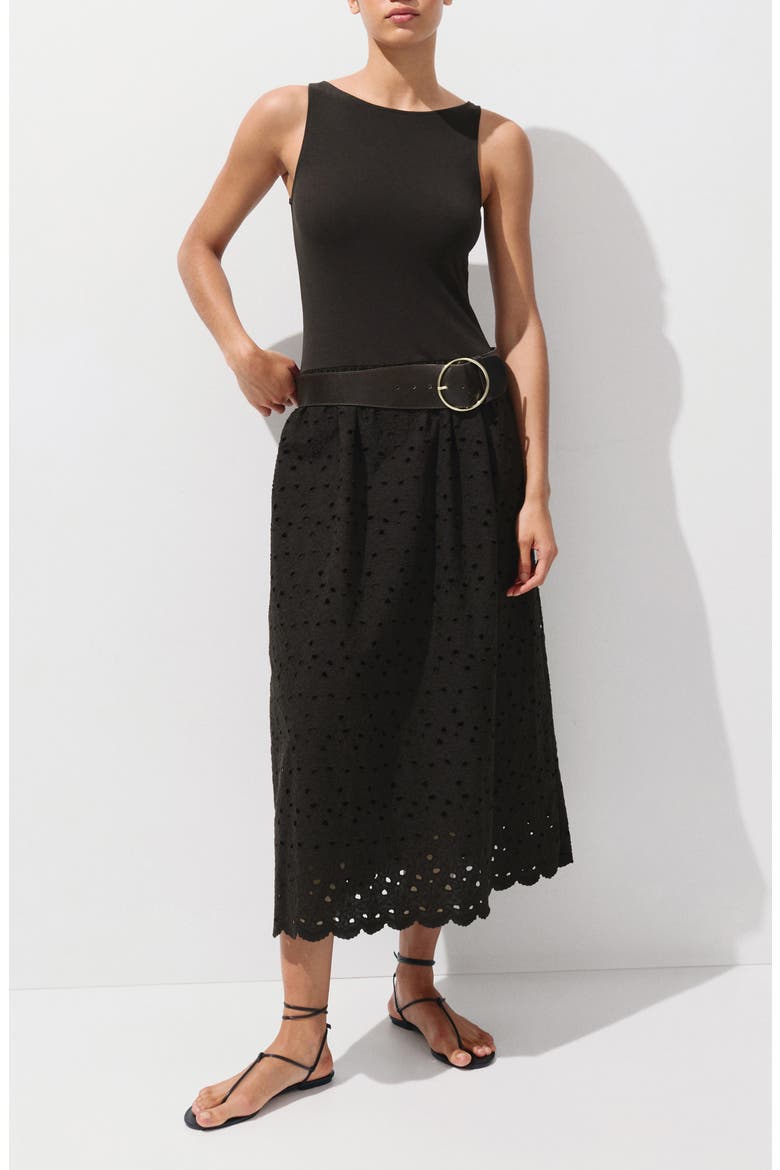 Embroidered Eyelet Mixed Media Dress, Main, color, BROWN