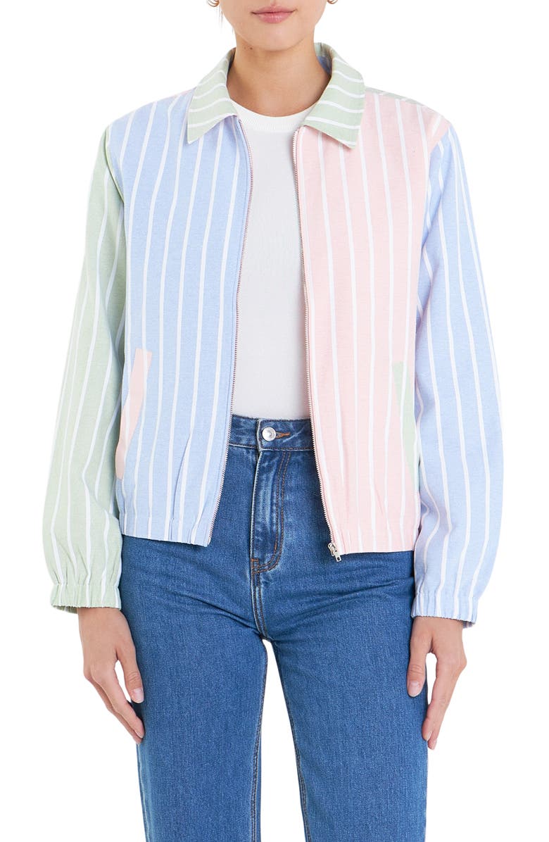 English Factory Sports Club Colorblock Stripe Cotton Blend Zip Jacket, Main, color, Green Multi