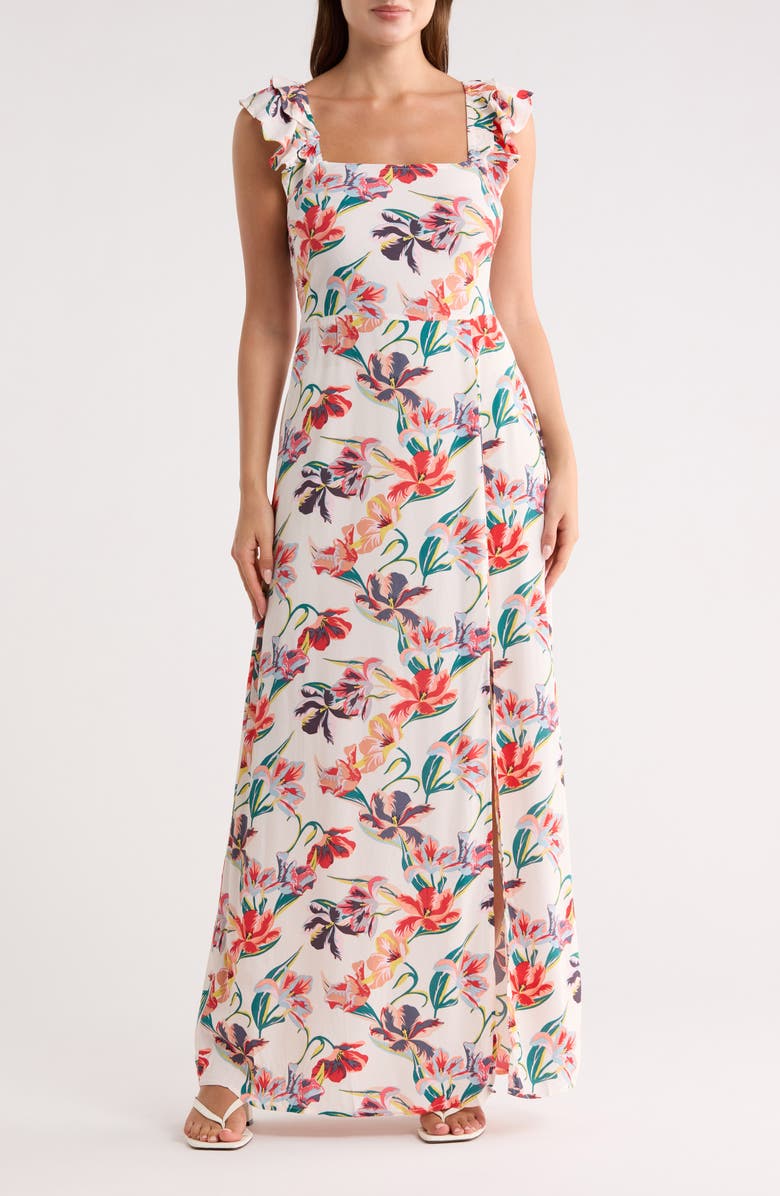 Lovestitch Flutter Sleeve Maxi Dress, Main, color, Ivory/ Red